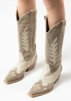 Beige Leren Cowboylaarzen Met Off White Details^Sacha Hot