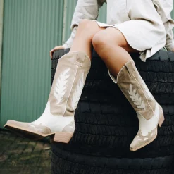 Beige Leren Cowboylaarzen Met Off White Details^Sacha Hot