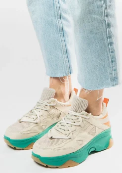 Beige Leren Platform Sneakers Met Groene Zool^Sacha Best