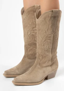 Beige Suede Cowboylaarzen Met Stiksels^Sacha Best Sale
