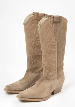 Beige Suede Cowboylaarzen Met Stiksels^Sacha Best Sale