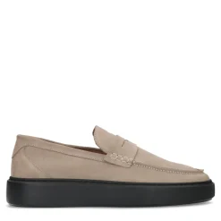 Beige Suede Penny Loafers Met Zwarte Zool^Sacha Fashion