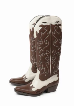 Bruine Leren Cowboylaarzen Met Witte Sierstiksels^Sacha Best Sale