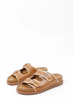 Camel Leren Slippers Met Gespen^Sacha Best Sale
