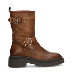Cognac Leren Biker Boots Met Goudkleurige Gespen^Sacha Store
