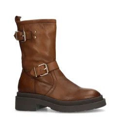 Cognac Leren Biker Boots Met Goudkleurige Gespen^Sacha Store