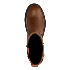 Cognac Leren Biker Boots Met Goudkleurige Gespen^Sacha Store