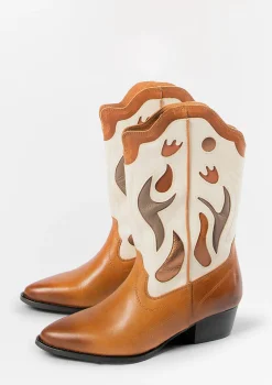 Cognac Leren Cowboylaarzen Met Off White Details^Sacha Flash Sale