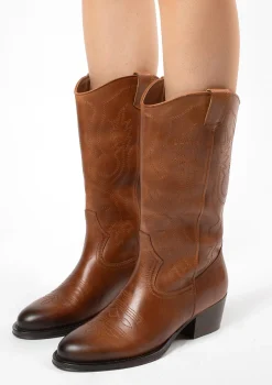 Cognac Leren Cowboylaarzen Met Sierstiksels^Sacha Best Sale