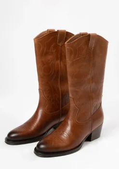 Cognac Leren Cowboylaarzen Met Sierstiksels^Sacha Best Sale