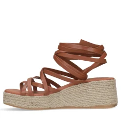 Cognac Leren Plateau Sandalen Met Strikveters^Sacha Store