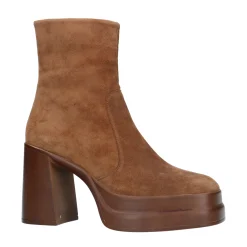 Cognac Suede Enkellaarsjes Met Plateau Hak^Sacha New