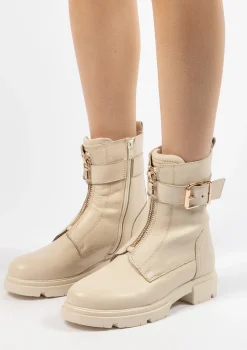 Latte Leren Biker Boots Met Gesp^Sacha Flash Sale
