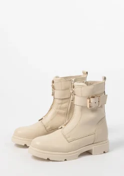 Latte Leren Biker Boots Met Gesp^Sacha Flash Sale