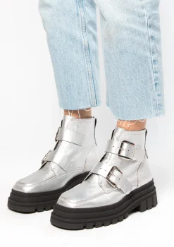 Zilverkleurige Biker Boots Met Gespen^Sacha Fashion