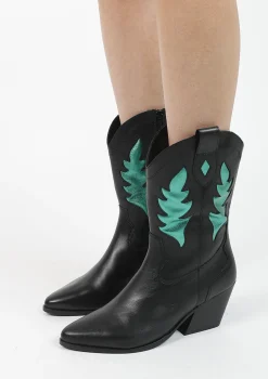 Zwarte Cowboy Enkellaarsjes Met Metallic Groene Details^Sacha Best