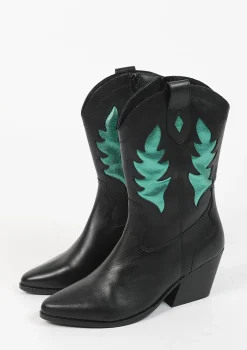 Zwarte Cowboy Enkellaarsjes Met Metallic Groene Details^Sacha Best