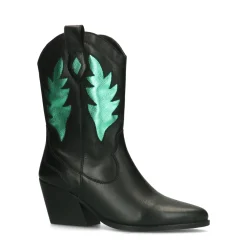 Zwarte Cowboy Enkellaarsjes Met Metallic Groene Details^Sacha Best