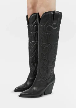 Zwarte Hoge Leren Cowboylaarzen^Sacha New