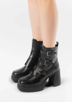 Zwarte Leren Biker Boots Met Plateau Hak^Sacha Store