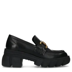 Zwarte Leren Chunky Loafers Met Goudkleurige Chain^Sacha New