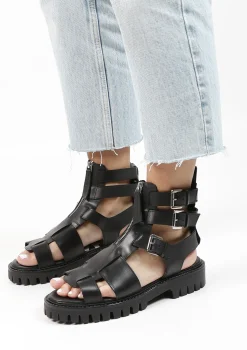 Zwarte Leren Chunky Sandalen^Sacha Cheap