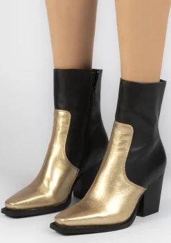 Zwarte Leren Enkellaarsjes Met Hak En Goudkleurige Details^Sacha Clearance