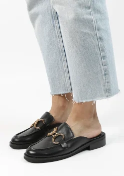 Zwarte Leren Loafer Muiltjes Met Goudkleurige Chain^Sacha Fashion