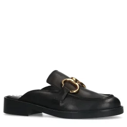 Zwarte Leren Loafer Muiltjes Met Goudkleurige Chain^Sacha Fashion