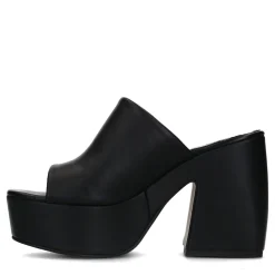 Zwarte Leren Muiltjes Met Plateau Hak^Sacha New