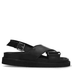 Zwarte Leren Plateau Sandalen Met Gekruiste Banden^Sacha Cheap