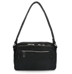 Zwarte Leren Schoudertas Met Zilverkleurge Details^Sacha Online