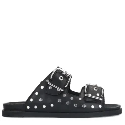Zwarte Leren Slippers Met Zilverkleurige Studs^Sacha Online