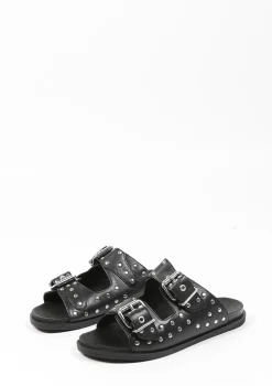 Zwarte Leren Slippers Met Zilverkleurige Studs^Sacha Online