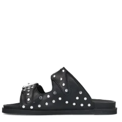 Zwarte Leren Slippers Met Zilverkleurige Studs^Sacha Online