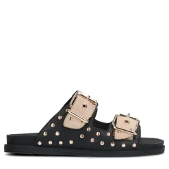 Zwarte Leren Slippers Met Goudkleurige Studs^Sacha Shop