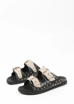 Zwarte Leren Slippers Met Goudkleurige Studs^Sacha Shop