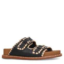 Zwarte Leren Slippers Met Gespen^Sacha Outlet