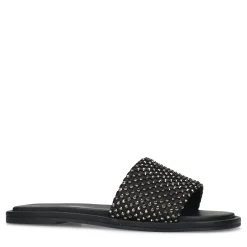 Zwarte Leren Slippers Met Strass Band^Sacha Best Sale