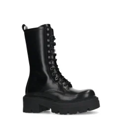 Zwarte Leren Veterlaarsjes Met Plateau Hak^Sacha New