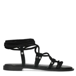 Zwarte Suede Platte Sandalen Met Strikveters^Sacha New
